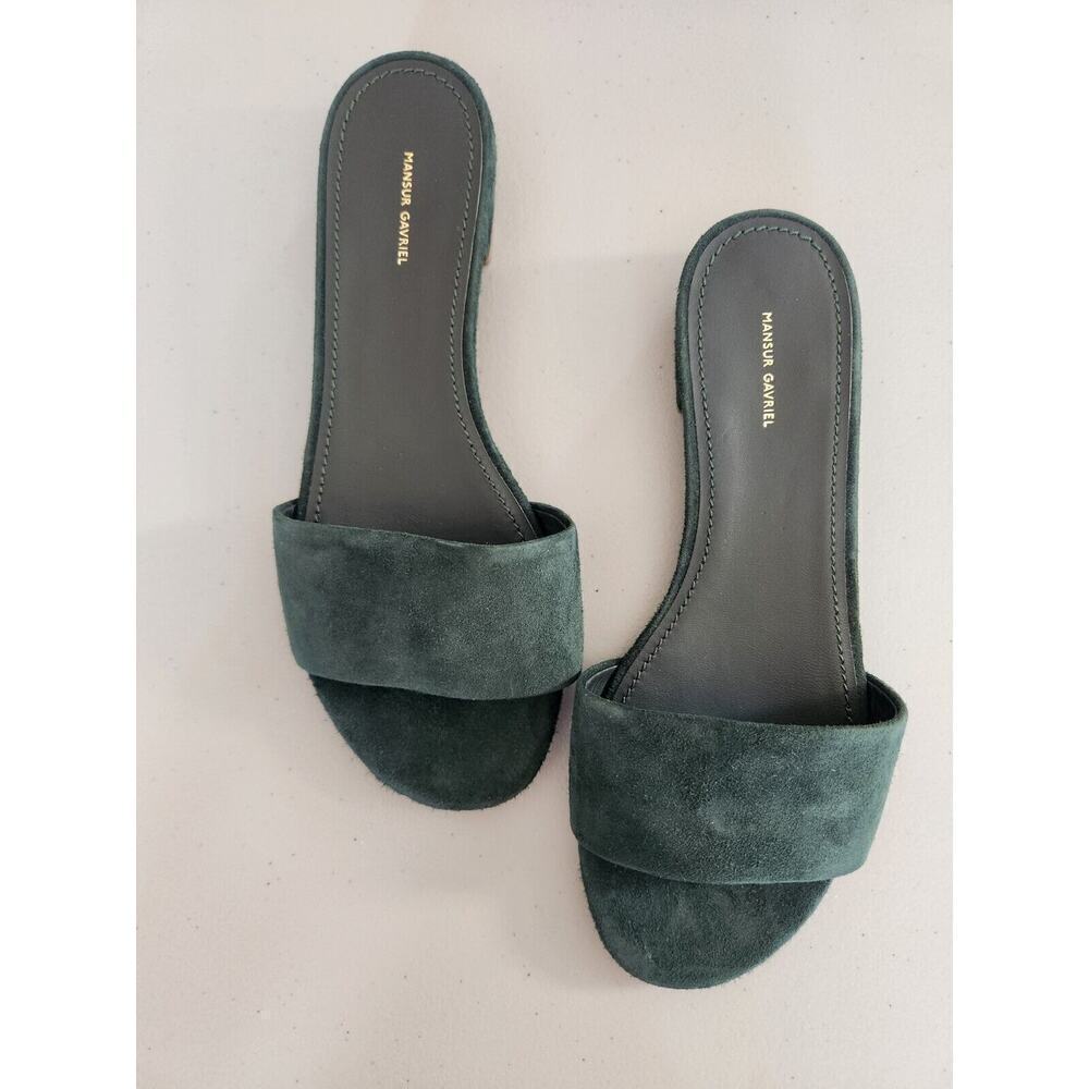 New Mansur Gavriel Suede Flat Slide Sandal Size 36.5 Dark Green